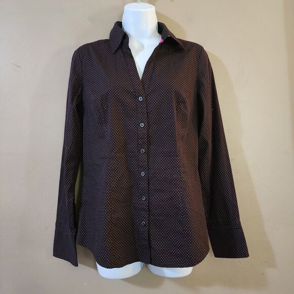 Express Design Studio Womens Top Size M Black Purple Polka Dot Button Up Stretch - Picture 1 of 10